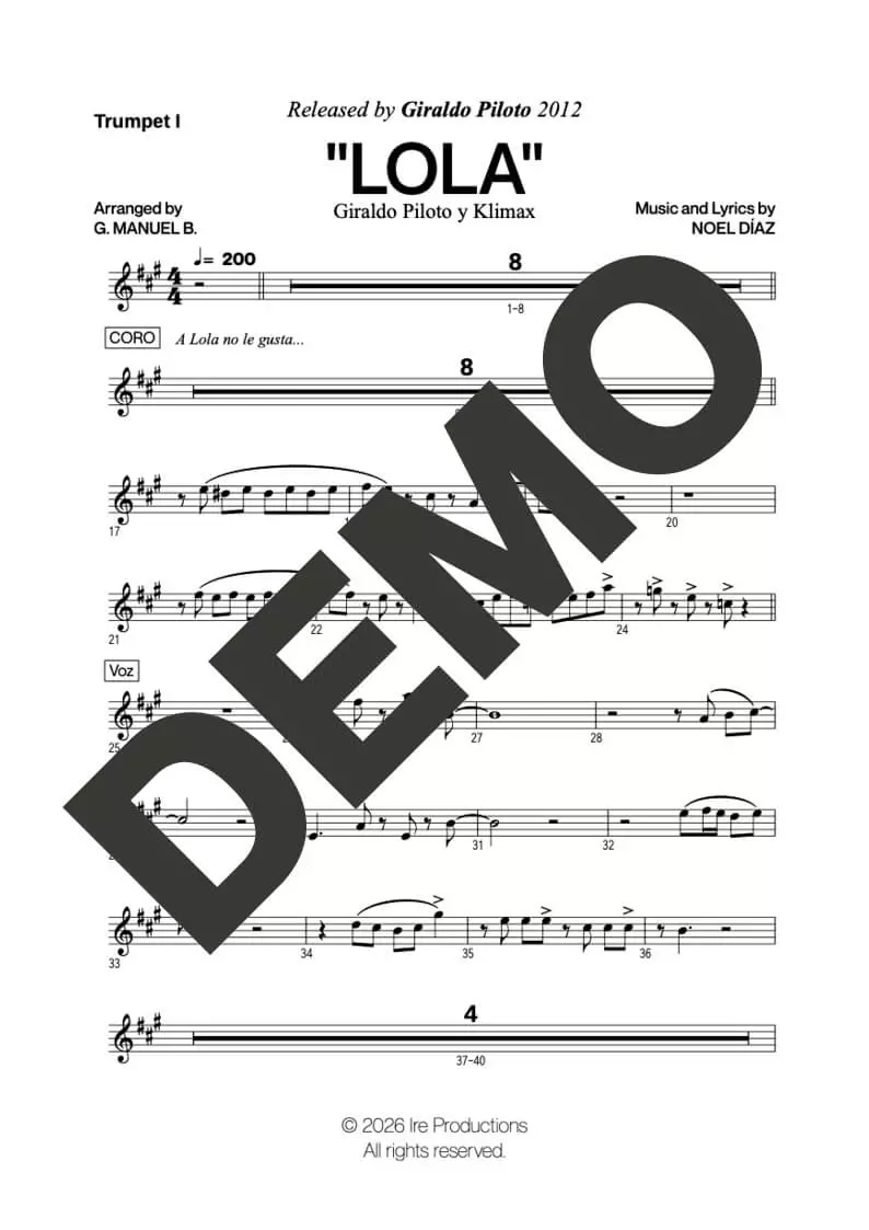 Klimax – Lola – Sheet Music Demo Page 1 (PDF) – Includes charts for Trumpets, Trombones, Saxophone, Piano and Bass