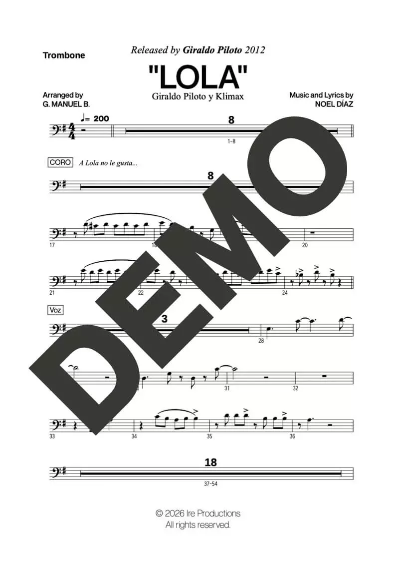 Klimax – Lola – Sheet Music Demo Page 2 (PDF) – Includes charts for Trumpets, Trombones, Saxophone, Piano and Bass