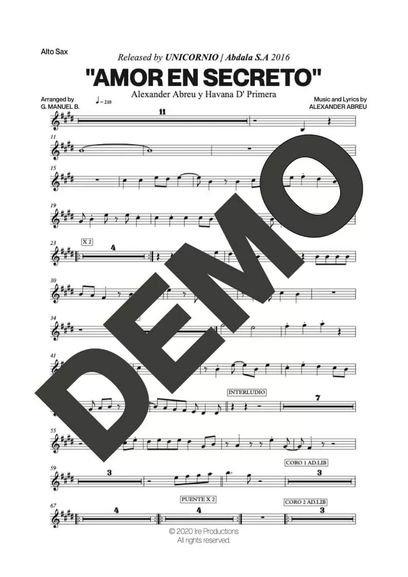 Havana D' Primera – Amor en Secreto – First Page of Sheet Music Preview (PDF) – Includes charts for Trumpets, Trombones, Saxophone, Piano and Bass