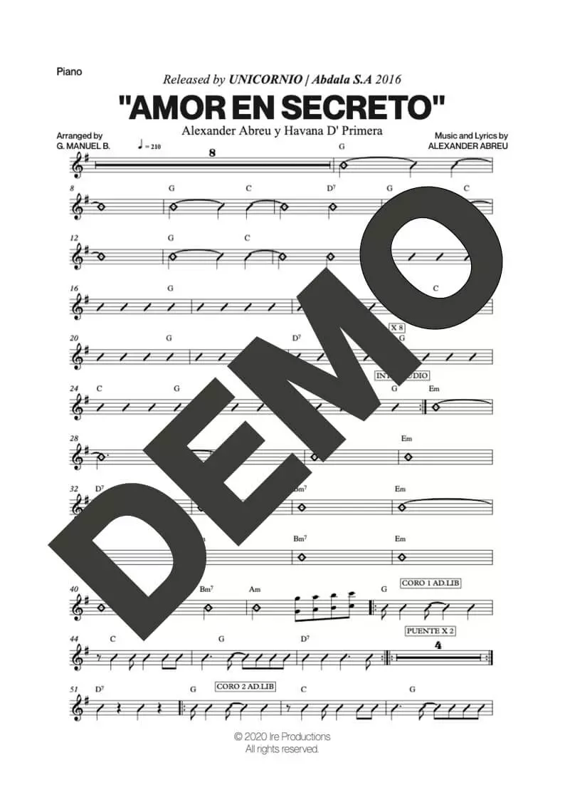 Havana D' Primera – Amor en Secreto – Sheet Music Demo Page 5 (PDF) – Includes charts for Trumpets, Trombones, Saxophone, Piano and Bass