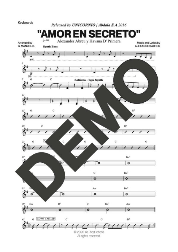 Havana D' Primera – Amor en Secreto – Sheet Music Demo Page 6 (PDF) – Includes charts for Trumpets, Trombones, Saxophone, Piano and Bass