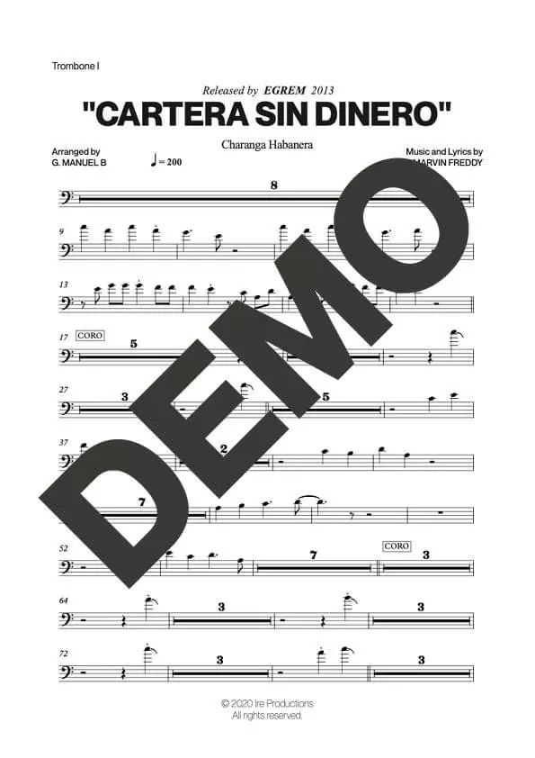 Charanga Habanera – Cartera Sin Dinero – Sheet Music Demo Page 2 (PDF) – Includes charts for Trumpets, Trombones, Saxophone, Piano and Bass