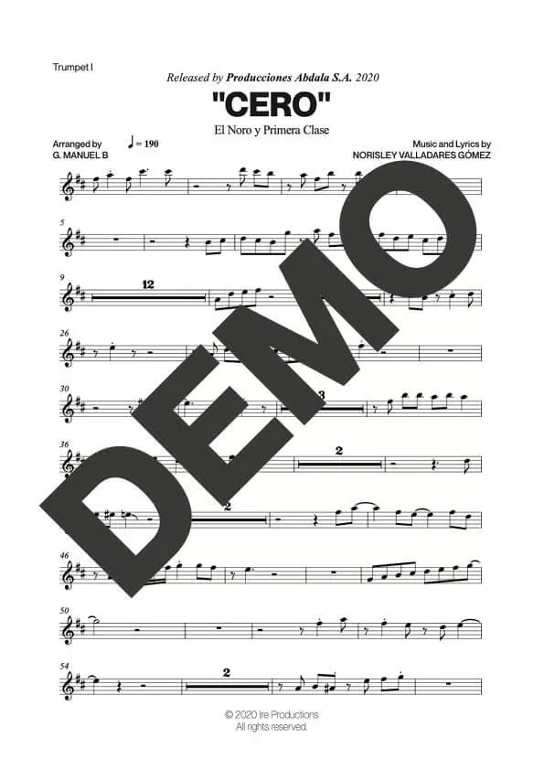El Noro y Primera Clase – Cero – Sheet Music Demo Page 1 (PDF) – Includes charts for Trumpets, Trombones, Saxophone, Piano and Bass