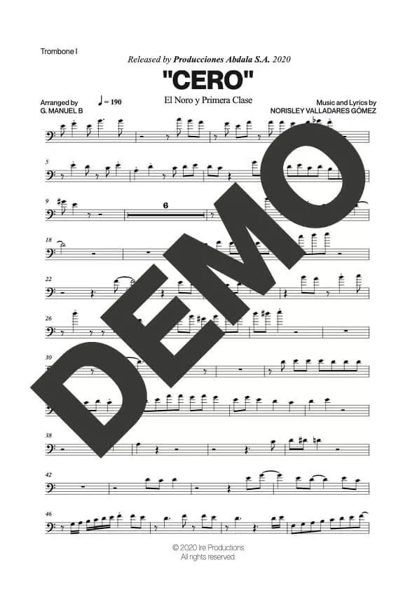 El Noro y Primera Clase – Cero – Sheet Music Demo Page 2 (PDF) – Includes charts for Trumpets, Trombones, Saxophone, Piano and Bass