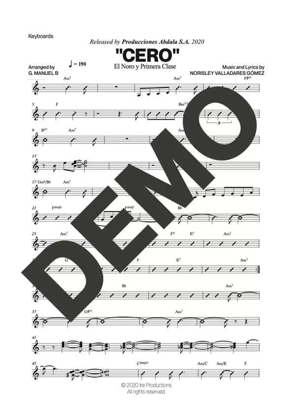 El Noro y Primera Clase – Cero – Sheet Music Demo Page 4 (PDF) – Includes charts for Trumpets, Trombones, Saxophone, Piano and Bass