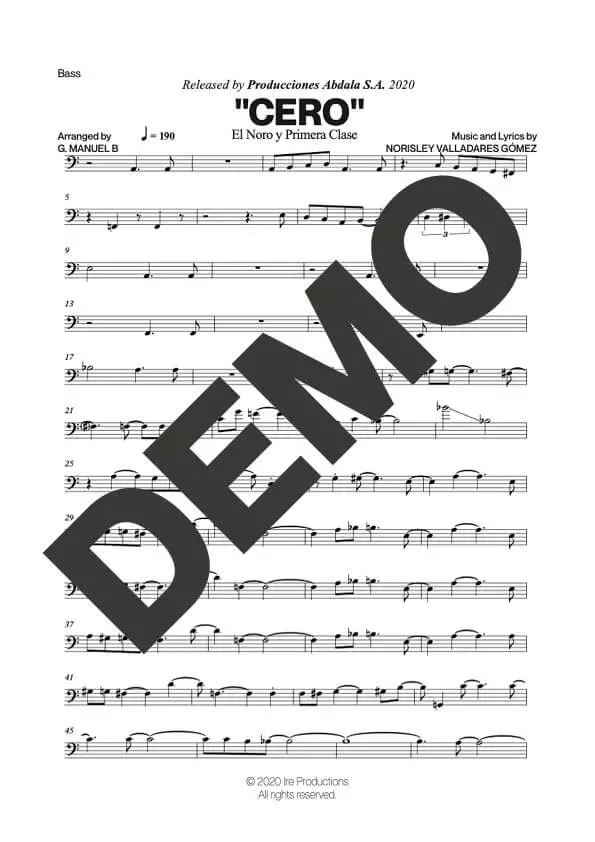 El Noro y Primera Clase – Cero – Sheet Music Demo Page 5 (PDF) – Includes charts for Trumpets, Trombones, Saxophone, Piano and Bass