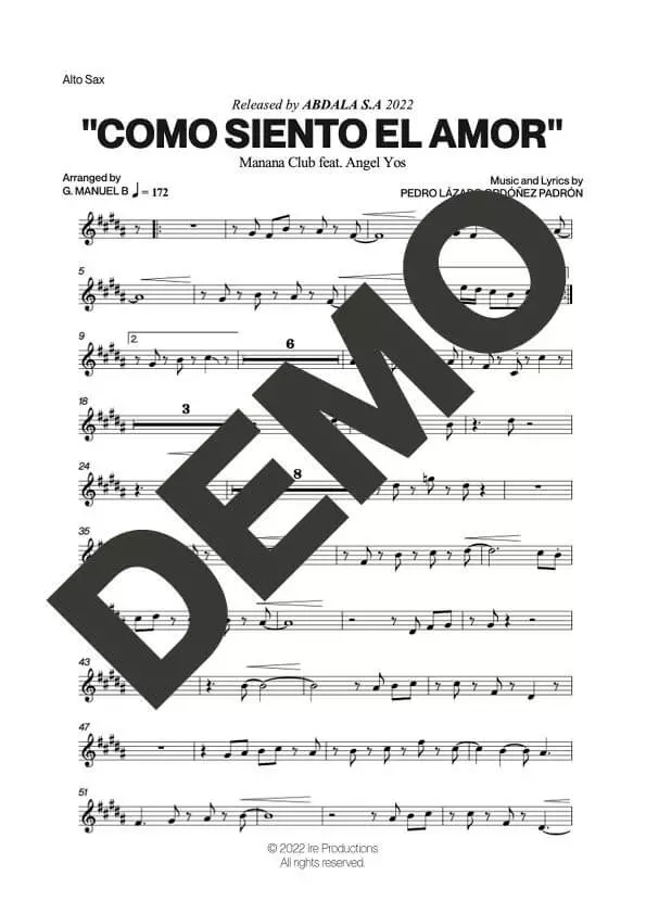 Manana Club – Como Siento el Amor feat. Angel Yos – First Page of Sheet Music Preview (PDF) – Includes charts for Trumpets, Trombones, Saxophone, Piano and Bass