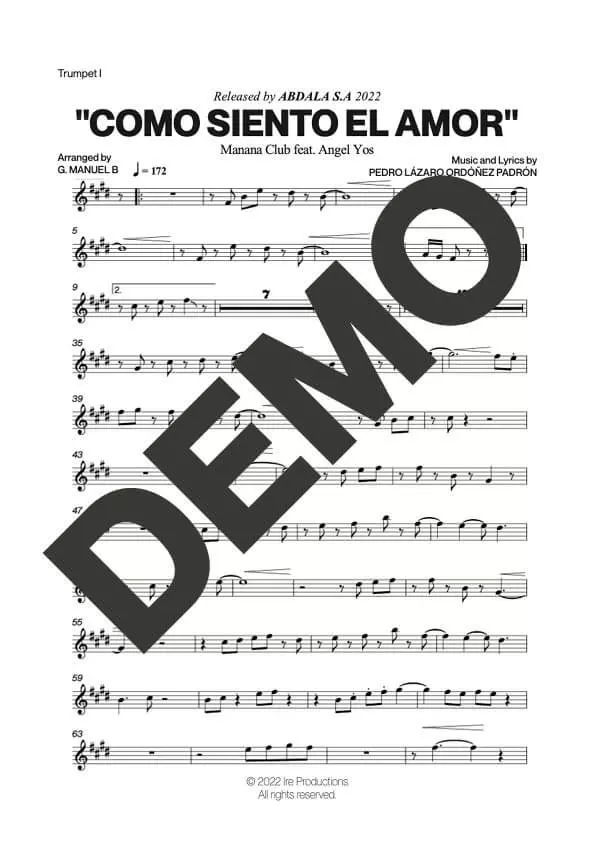 Manana Club – Como Siento el Amor feat. Angel Yos – Sheet Music Demo Page 2 (PDF) – Includes charts for Trumpets, Trombones, Saxophone, Piano and Bass