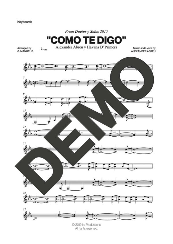 Alexander Abreu – Como Te Digo Que Ya No Te Quiero – Sheet Music Demo Page 2 (PDF) – Includes charts for Trumpets, Trombones, Saxophone, Piano and Bass