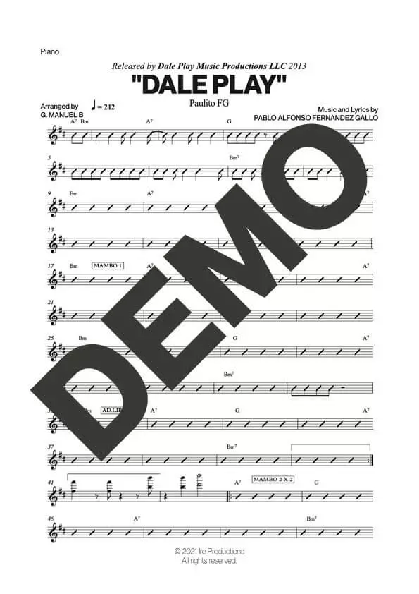 Paulo FG – Dale Play – Sheet Music Demo Page 3 (PDF) – Includes charts for Trumpets, Trombones, Saxophone, Piano and Bass