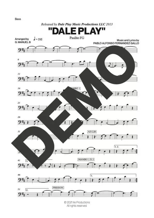 Paulo FG – Dale Play – Sheet Music Demo Page 4 (PDF) – Includes charts for Trumpets, Trombones, Saxophone, Piano and Bass