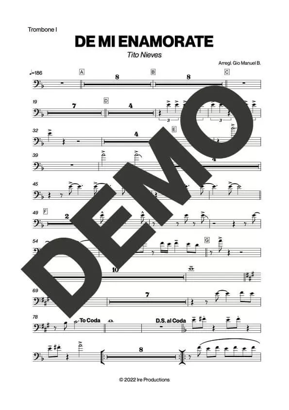 Tito Nieves – De Mí Enamórate – Sheet Music Demo Page 1 (PDF) – Includes charts for Trumpets, Trombones, Saxophone, Piano and Bass