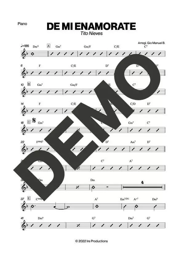 Tito Nieves – De Mí Enamórate – Sheet Music Demo Page 2 (PDF) – Includes charts for Trumpets, Trombones, Saxophone, Piano and Bass