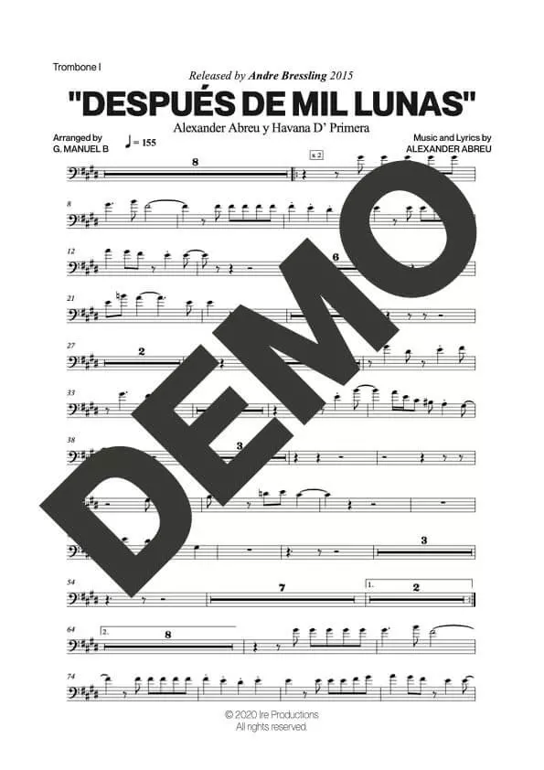 Havana D' Primera – Después de Mil Lunas – Sheet Music Demo Page 1 (PDF) – Includes charts for Trumpets, Trombones, Saxophone, Piano and Bass