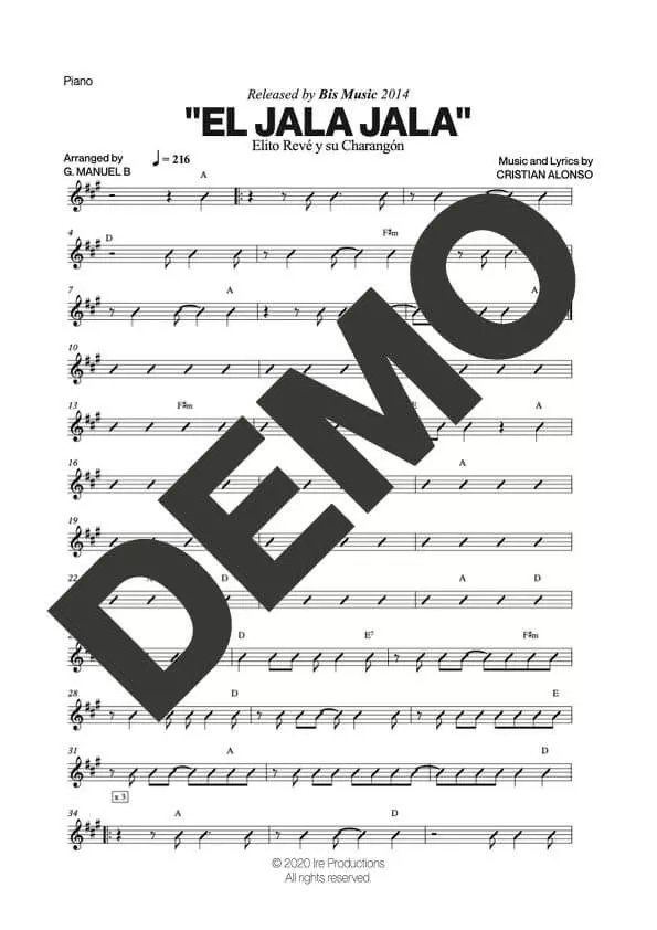 Elito Revé y Su Charangón – El Jala Jala – Sheet Music Demo Page 2 (PDF) – Includes charts for Trumpets, Trombones, Saxophone, Piano and Bass