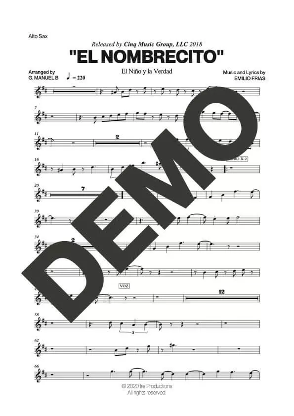 El Niño y La Verdad – El Nombrecito – First Page of Sheet Music Preview (PDF) – Includes charts for Trumpets, Trombones, Saxophone, Piano and Bass
