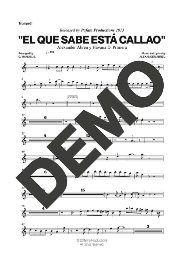 Havana D' Primera – El Que Sabe Está Callao – Sheet Music Demo Page 1 (PDF) – Includes charts for Trumpets, Trombones, Saxophone, Piano and Bass
