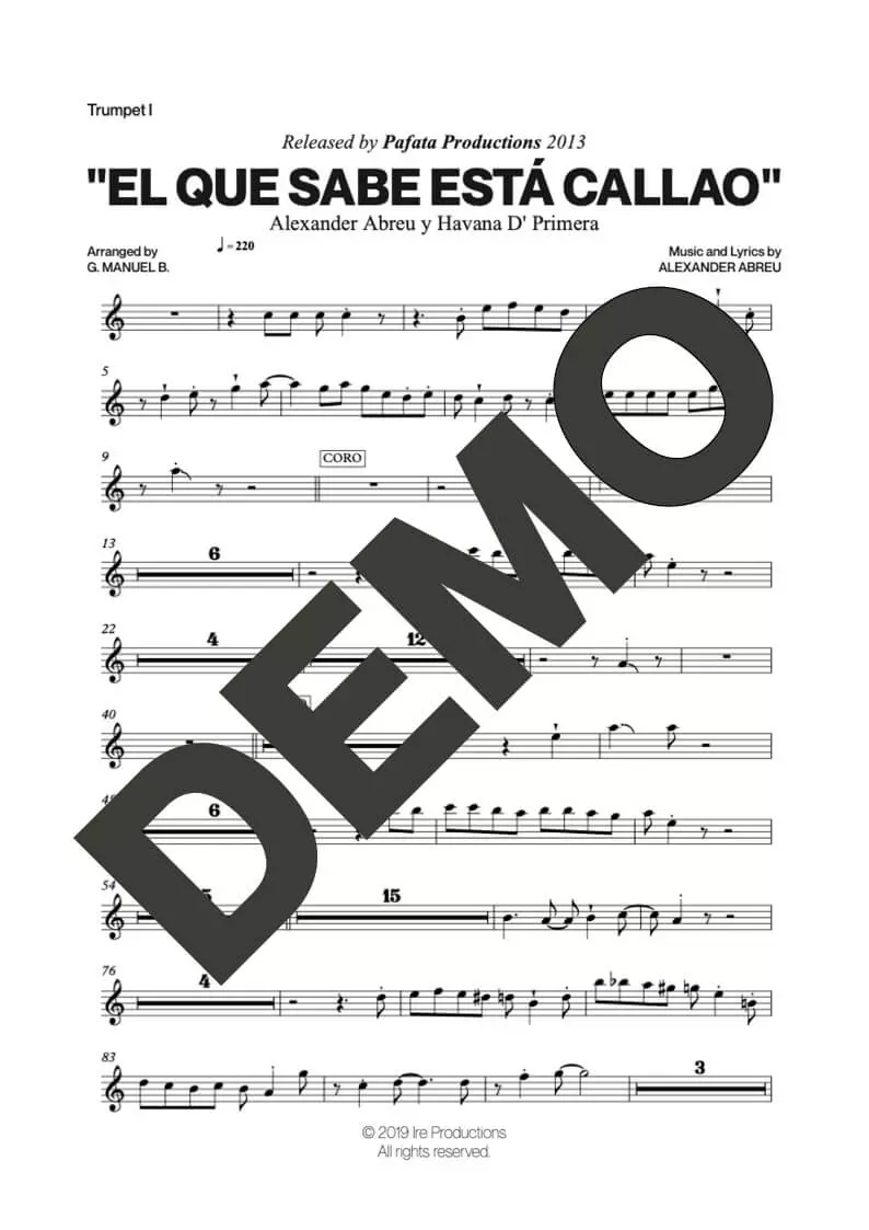Havana D' Primera – El Que Sabe Está Callao – Sheet Music Demo Page 1 (PDF) – Includes charts for Trumpets, Trombones, Saxophone, Piano and Bass