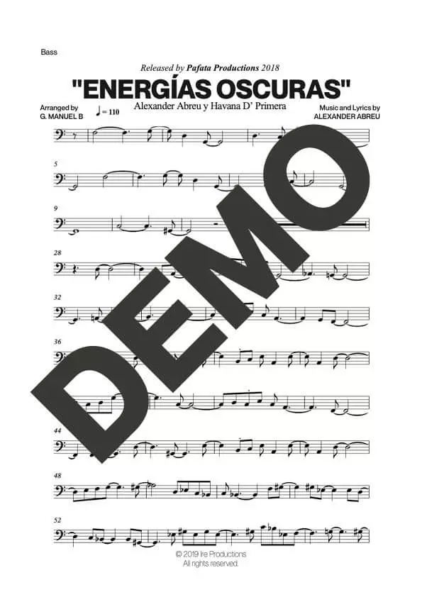 Havana D' Primera – Energías Oscuras – Sheet Music Demo Page 3 (PDF) – Includes charts for Trumpets, Trombones, Saxophone, Piano and Bass