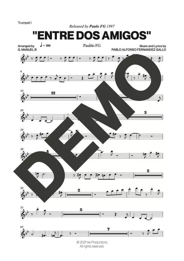 Paulo FG – Entre Dos Amigos – Sheet Music Demo Page 1 (PDF) – Includes charts for Trumpets, Trombones, Saxophone, Piano and Bass