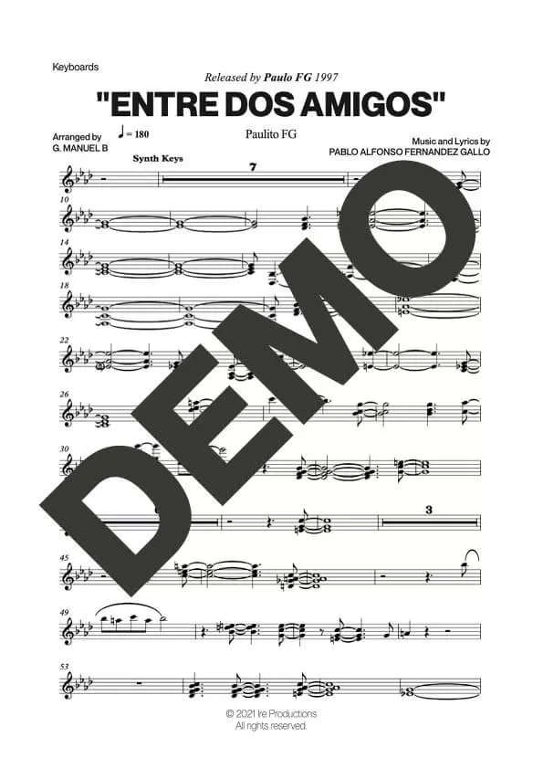 Paulo FG – Entre Dos Amigos – Sheet Music Demo Page 4 (PDF) – Includes charts for Trumpets, Trombones, Saxophone, Piano and Bass