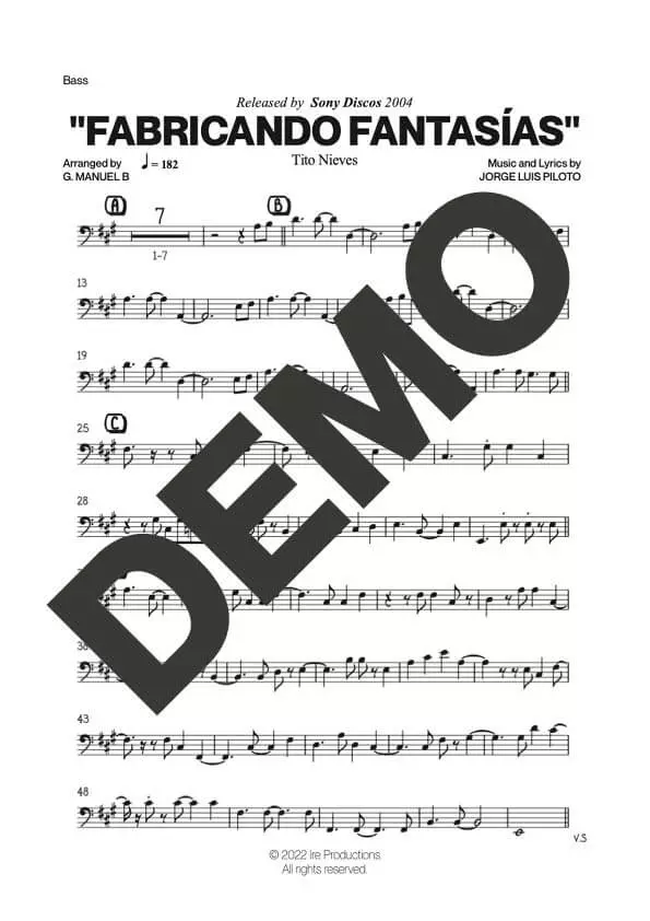 Tito Nieves – Fabricando Fantasías – Sheet Music Demo Page 4 (PDF) – Includes charts for Trumpets, Trombones, Saxophone, Piano and Bass