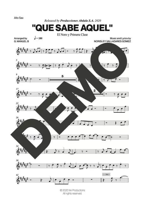 El Noro y Primera Clase – Que Sabe Aquel (Guaramina) – First Page of Sheet Music Preview (PDF) – Includes charts for Trumpets, Trombones, Saxophone, Piano and Bass