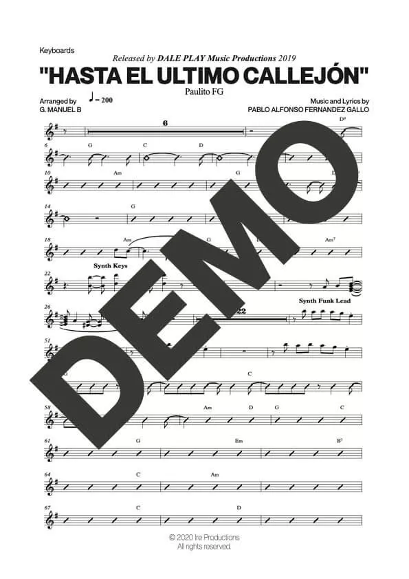 Paulo FG – Hasta el Ultimo Callejón – Sheet Music Demo Page 4 (PDF) – Includes charts for Trumpets, Trombones, Saxophone, Piano and Bass