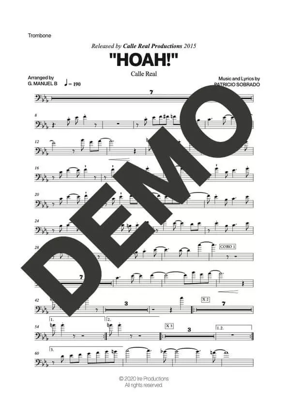 Calle Real – Hoah! – Sheet Music Demo Page 2 (PDF) – Includes charts for Trumpets, Trombones, Saxophone, Piano and Bass