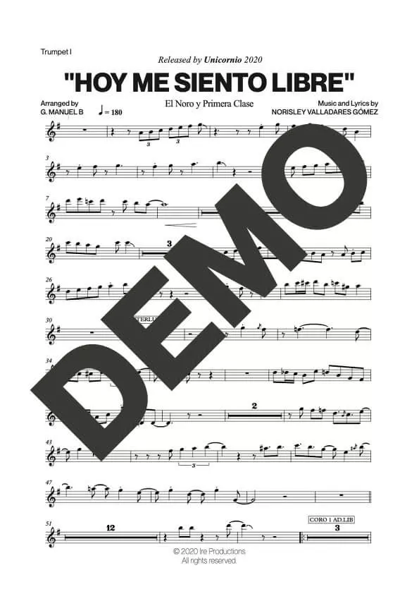 El Noro y Primera Clase – Hoy Me Siento Libre – Sheet Music Demo Page 1 (PDF) – Includes charts for Trumpets, Trombones, Saxophone, Piano and Bass