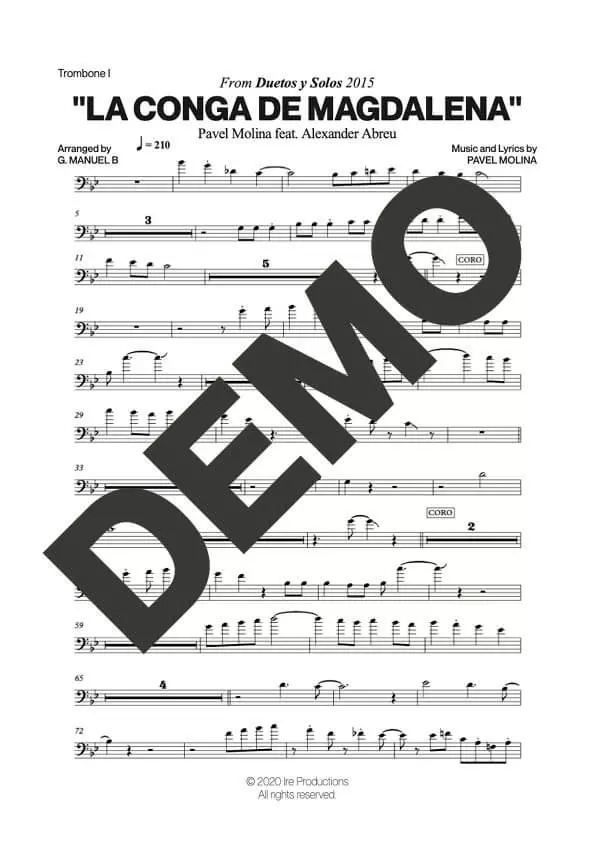 Alexander Abreu|Pavel Molina – La Conga de Magdalena – Sheet Music Demo Page 2 (PDF) – Includes charts for Trumpets, Trombones, Saxophone, Piano and Bass