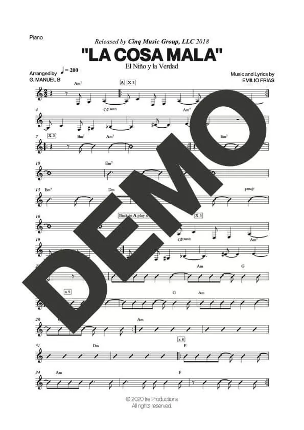 El Niño y La Verdad – La Cosa Mala – Sheet Music Demo Page 3 (PDF) – Includes charts for Trumpets, Trombones, Saxophone, Piano and Bass