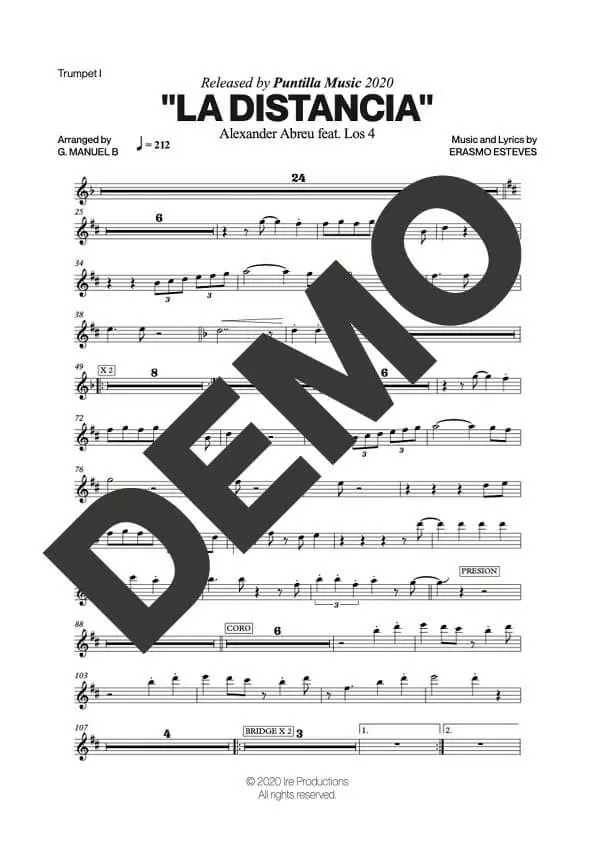 Alexander Abreu|Los 4 – La Distancia – Sheet Music Demo Page 1 (PDF) – Includes charts for Trumpets, Trombones, Saxophone, Piano and Bass