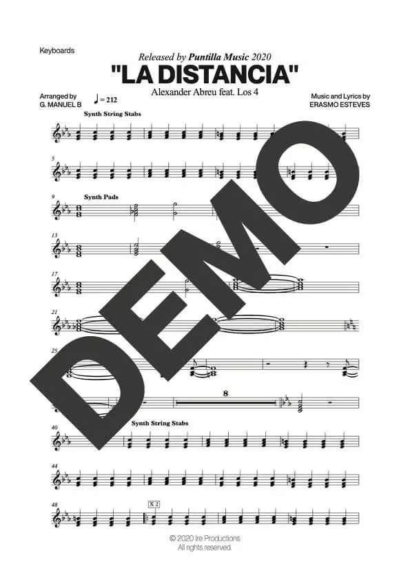 Alexander Abreu|Los 4 – La Distancia – Sheet Music Demo Page 4 (PDF) – Includes charts for Trumpets, Trombones, Saxophone, Piano and Bass