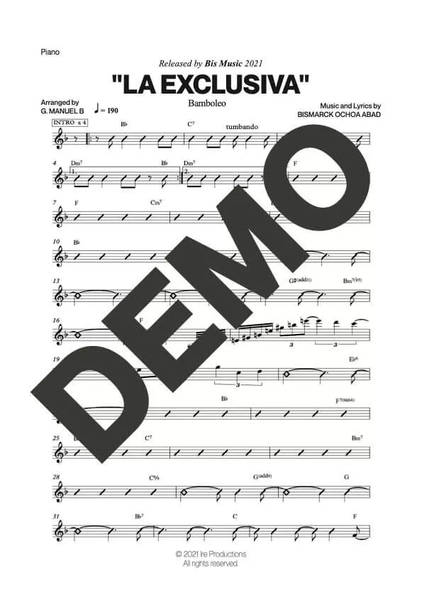 Bamboleo|Tania Pantoja – La Exclusiva – Sheet Music Demo Page 3 (PDF) – Includes charts for Trumpets, Trombones, Saxophone, Piano and Bass