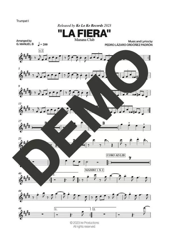 Manana Club – La Fiera – Sheet Music Demo Page 1 (PDF) – Includes charts for Trumpets, Trombones, Saxophone, Piano and Bass
