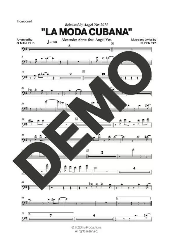 Havana D' Primera – La Moda Cubana feat. Angel Yos – Sheet Music Demo Page 2 (PDF) – Includes charts for Trumpets, Trombones, Saxophone, Piano and Bass