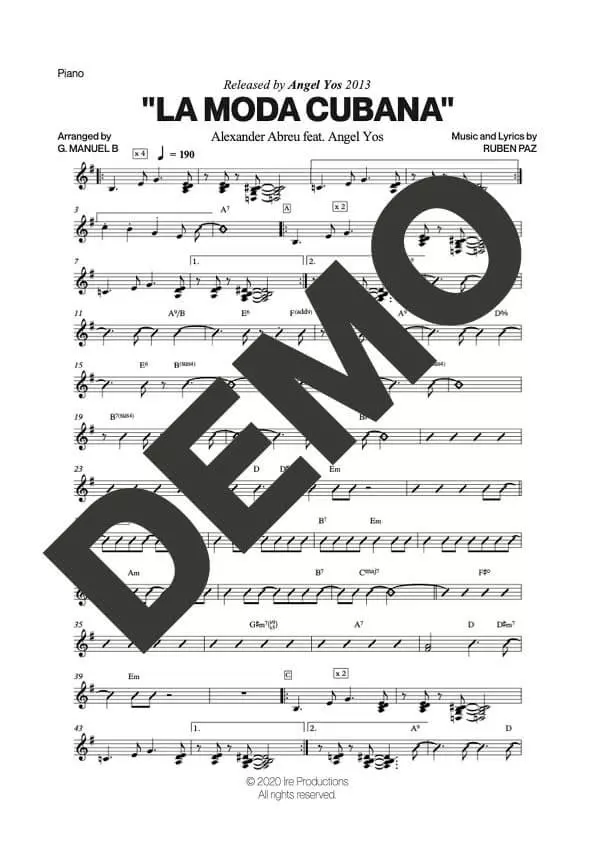 Havana D' Primera – La Moda Cubana feat. Angel Yos – Sheet Music Demo Page 4 (PDF) – Includes charts for Trumpets, Trombones, Saxophone, Piano and Bass