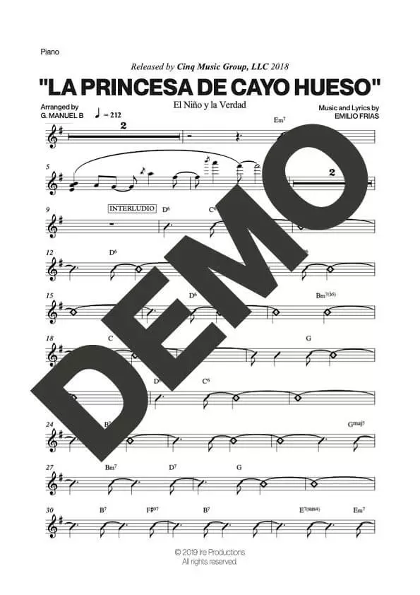 El Niño y La Verdad – La Princesa de Cayo Hueso – Sheet Music Demo Page 4 (PDF) – Includes charts for Trumpets, Trombones, Saxophone, Piano and Bass