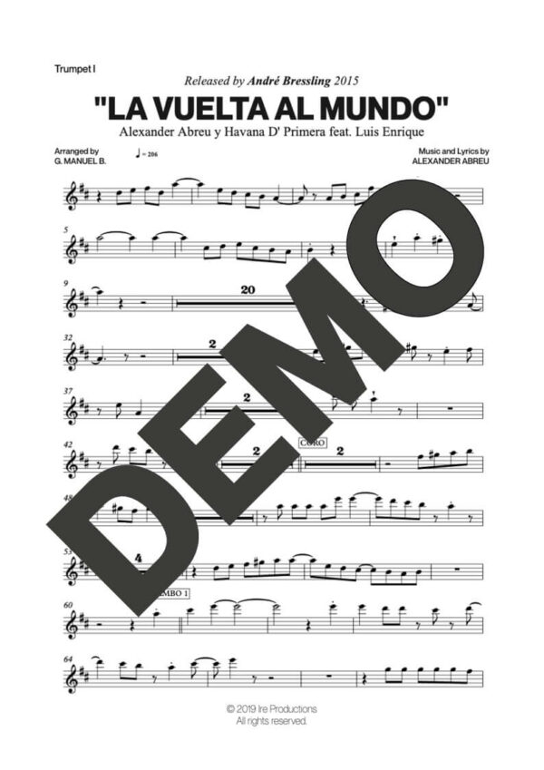 Havana D' Primera|Luis Enrique – La Vuelta al Mundo – Sheet Music Demo Page 1 (PDF) – Includes charts for Trumpets, Trombones, Saxophone, Piano and Bass