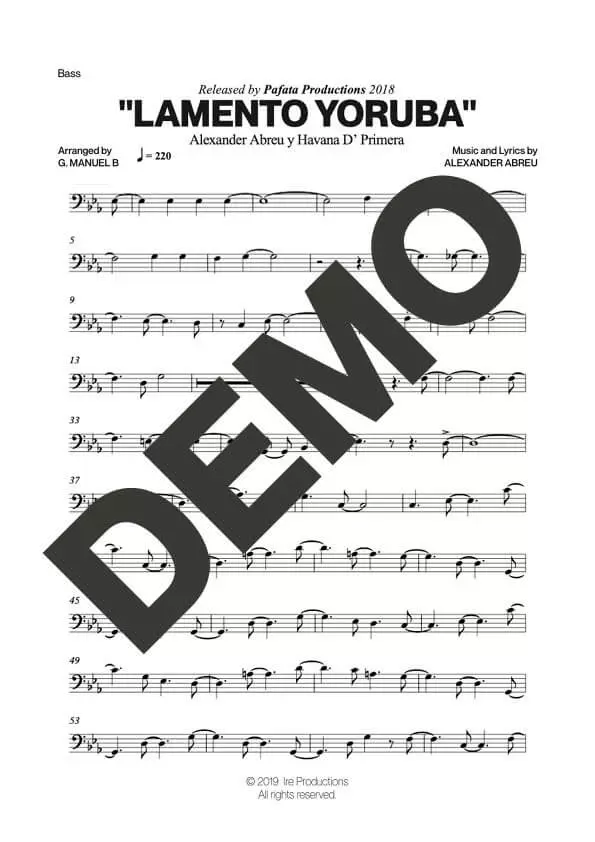 Havana D' Primera – Lamento Yoruba – Sheet Music Demo Page 6 (PDF) – Includes charts for Trumpets, Trombones, Saxophone, Piano and Bass