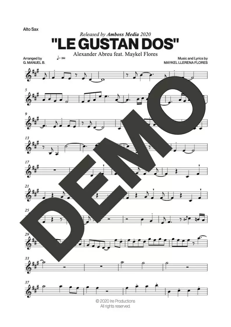 Alexander Abreu|Maykel Flores – Le Gustan Dos – First Page of Sheet Music Preview (PDF) – Includes charts for Trumpets, Trombones, Saxophone, Piano and Bass