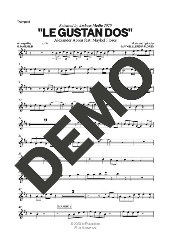 Alexander Abreu|Maykel Flores – Le Gustan Dos – Sheet Music Demo Page 1 (PDF) – Includes charts for Trumpets, Trombones, Saxophone, Piano and Bass