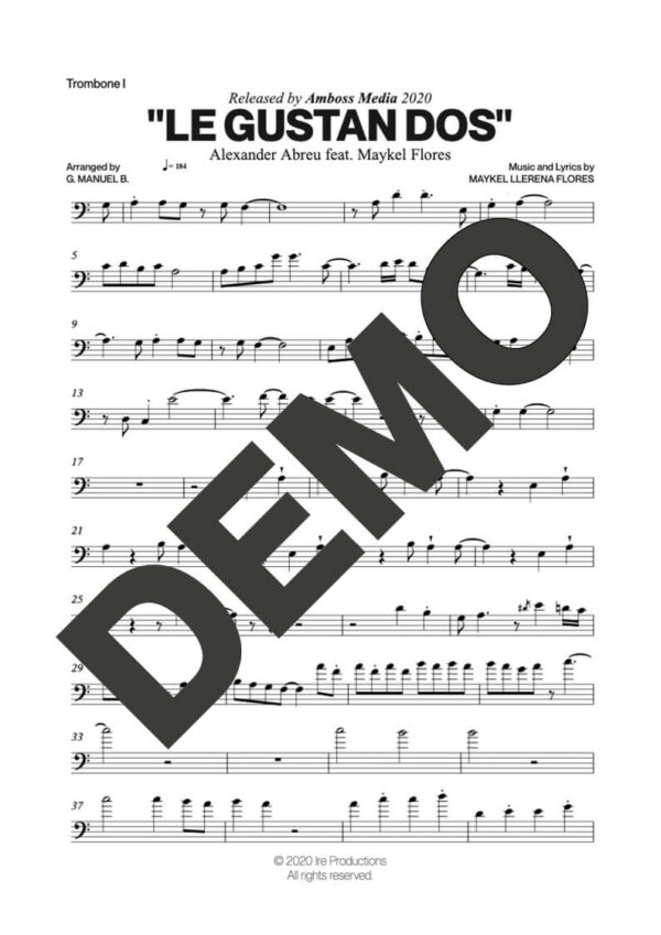 Alexander Abreu|Maykel Flores – Le Gustan Dos – Sheet Music Demo Page 2 (PDF) – Includes charts for Trumpets, Trombones, Saxophone, Piano and Bass