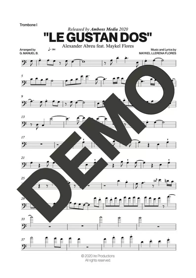 Alexander Abreu|Maykel Flores – Le Gustan Dos – Sheet Music Demo Page 2 (PDF) – Includes charts for Trumpets, Trombones, Saxophone, Piano and Bass