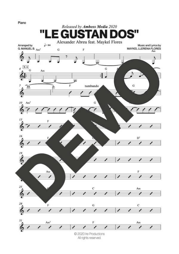 Alexander Abreu|Maykel Flores – Le Gustan Dos – Sheet Music Demo Page 3 (PDF) – Includes charts for Trumpets, Trombones, Saxophone, Piano and Bass