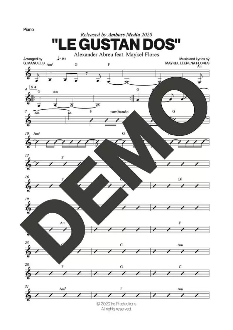 Alexander Abreu|Maykel Flores – Le Gustan Dos – Sheet Music Demo Page 3 (PDF) – Includes charts for Trumpets, Trombones, Saxophone, Piano and Bass