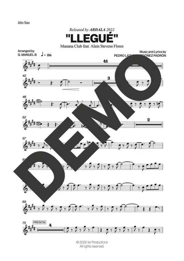 Manana Club – Llegué feat. Alain Flores – First Page of Sheet Music Preview (PDF) – Includes charts for Trumpets, Trombones, Saxophone, Piano and Bass