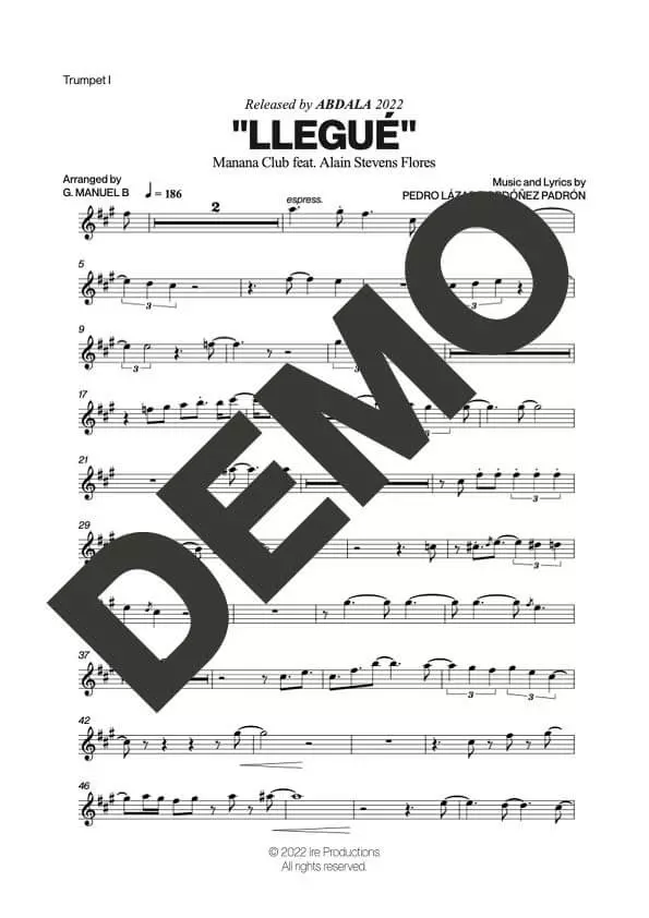 Manana Club – Llegué feat. Alain Flores – Sheet Music Demo Page 1 (PDF) – Includes charts for Trumpets, Trombones, Saxophone, Piano and Bass