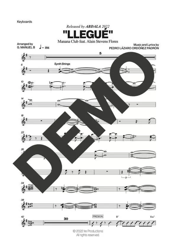 Manana Club – Llegué feat. Alain Flores – Sheet Music Demo Page 4 (PDF) – Includes charts for Trumpets, Trombones, Saxophone, Piano and Bass